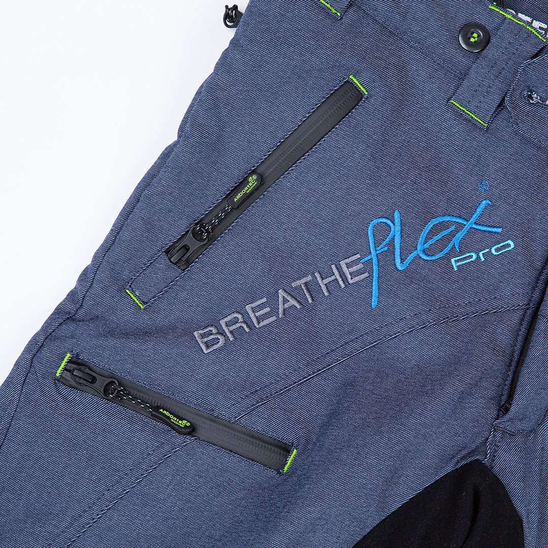 arbortec breathflex pro type a class 1 chainsaw trousers in denim colour - close up